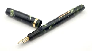 VINTAGE SWAN SELF FILLER FOUNTAIN PEN IN GREEN MARBLE 14K MEDIUM NIB ENGLAND - Picture 1 of 13