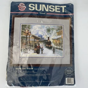 Sonnenuntergang Wolle & Stickerei gedruckt Kit Schnee und Dampf viktorianische Zug Stadt unbenutzt - Bild 1 von 6