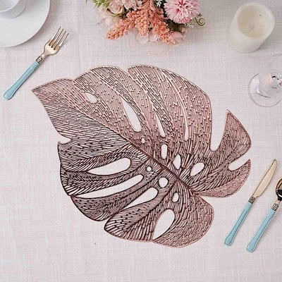 6 ROSE GOLD 18" Tropical Monstera Leaf Metallic Vinyl PLACEMATS Wedding Party - Image 1 of 4