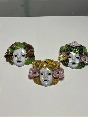Máscaras de pared vintage de mayólica de cuatro estaciones Baco hechas en Italia Foto 1 de 4
