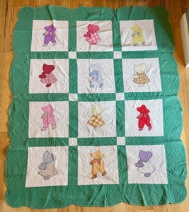 Vintage Sun Bonnet Sue Quilt Hand-Pieced Hand-Quilted Cotton Green 88”x 69” - Picture 1 of 7