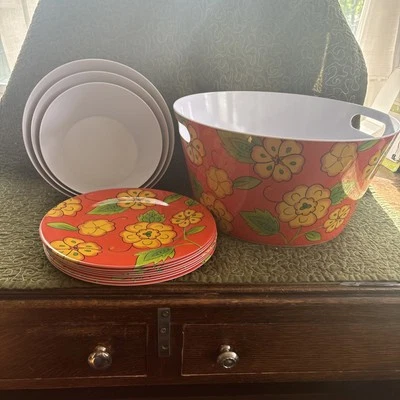 Temptations Poppy Passion Melamine 12 pc Beverage tub, serve bowls, plates ORANG - Image 1 of 4