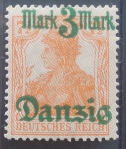 NICE BRIGHT ORANGE DEUTSCH REICH DANZIG MARK 3 MARK GREEN OVERPRINT MLH STAMP - Picture 1 of 2