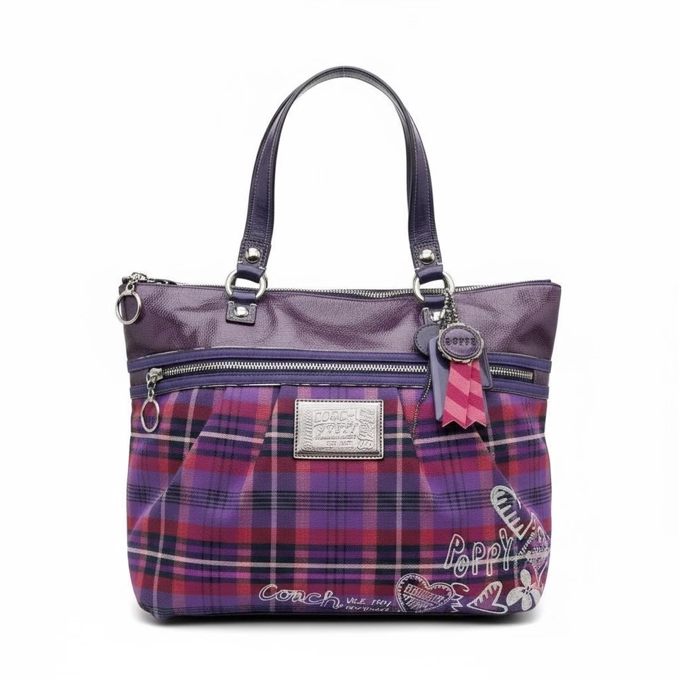 Cartera Bolso de Mano Coach Poppy Púrpura Tartán a Cuadros - Borde de Patente Vintage con Dijes Foto 1 de 4