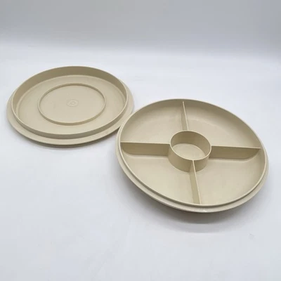 VTG Beige Plastic Divided Serving Tray w/ Base Lid Set 10” Snack Appetizer USA - Image 1 of 4