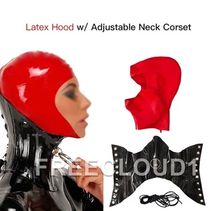 Red Latex Hood with Neck Restraint Collar Rubber Mask Fetish BDSM Clubwear - Picture 1 of 5