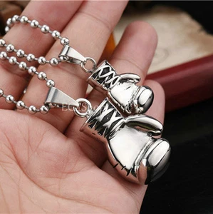 Men's Biker Heavy 3D Boxing Glove Pendant 316L Stainless Steel Necklace Silver - Picture 1 of 18