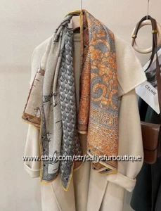 Sallys 70% Cashmere 30% Silk Scarf Horses Print Double Face Shawl 53" Brown/Gray - Picture 1 of 12