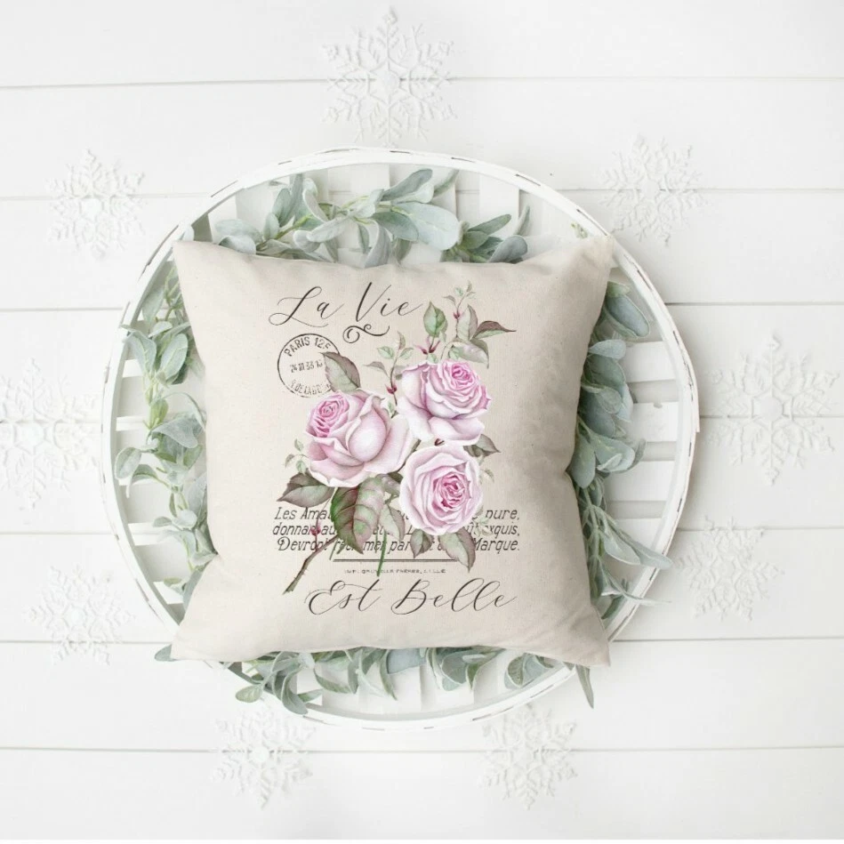 Funda de almohada de campo francés, La Vie, 16 x 16 pulgadas, rosa, interior/exterior Foto 1 de 3