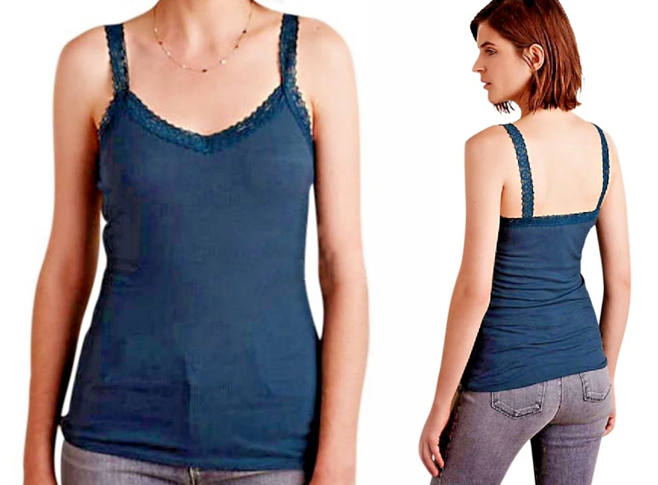 $69 Anthropologie alça de renda cami pequena 4 nervuras cami camadas tanque turquesa - Imagem 1 de 4