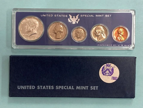 1967 US Special Mint Set 5 Coins ~ Original Box ~ 40% Silver Kennedy ~ SMS Cover