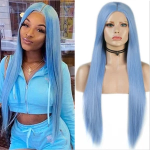 Light Blue Long Straight Wigs for Women Synthetic Long None Lace Glueless Soft - Picture 1 of 10