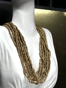 Vintage Necklace Brass Metal Layered Multi Strand Seed Beads Gold Colour - Picture 1 of 8