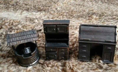 Vtg Durham Industries Metal Diecast Dollhouse Furniture Hutch, Desk & Water Well - Image 1 of 4