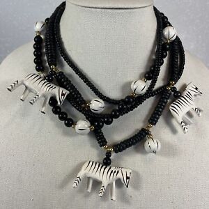 Hand Carved Wood Zebra African Beaded Necklace White & Black Gold Tone Beads 18"