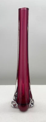 Art Glass Mid Century Pink Cranberry Clear Hand Blown Elephant Foot Bud Vase - image 1 of 4