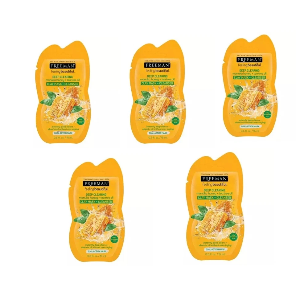 Freeman Deep Clearing Clay Mask & Cleanser 15ml x5 – Manuka Honey & Tea Tree Oil - Image 1 of 4