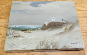 Painting "8x10" Beach, Seagull, Boat and Lighthouse Scene On Canvas-Jonson - Picture 1 of 7
