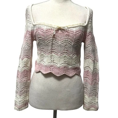 Urban Outfitters UO Blaire Pink White Crochet Knit Square Neck Sweater Women’s M - Image 1 of 4