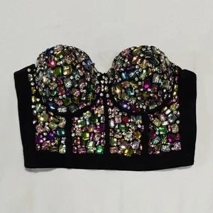 Jeweled Bustier Top Corset Bra Black Strapless Underwire Padded Stays XXS/30” - Picture 1 of 10