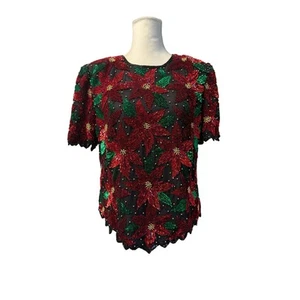 Top Scala Navidad Poinsettia Cuentas Lentejuelas Seda Negro Rojo De Colección Años 80 Talla s - Imagen 1 de 12