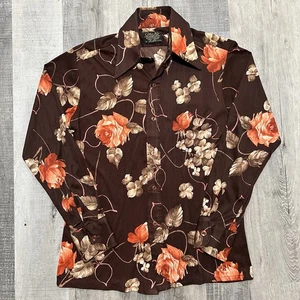 VTG 70s National Shirt Shops Contour Knit Hippie Disco Long Sleeve Orange Floral - Picture 1 of 3