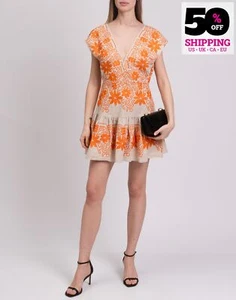 RRP€295 MAJE Mini Flounce Dress EU40 US8 UK12 L Linen Blend Orange Embroidered - Picture 1 of 8