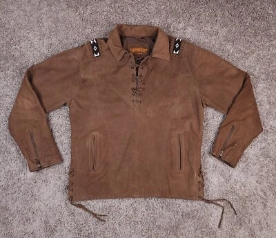 Chaqueta de cuero de gamuza premium Unik para hombre mediana marrón con cordones estilo motociclista occidental Foto 1 de 4