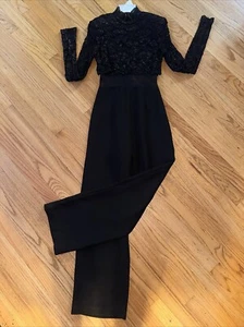 VINTAGE LEW MAGRAM COLLECTION NY ONE PIECE DRESSY JUMPSUIT BLACK LACE SHEER - Picture 1 of 11