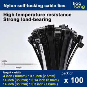 Cable Ties 4 Inch 14 Inch 100 PCS Heavy Duty 50 LBS Nylon Wrap Zip Ties Black - Picture 1 of 10