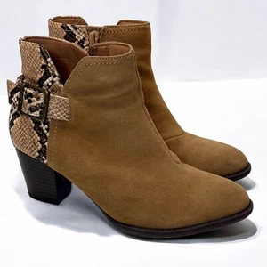Vionic Naomi Brown Suede Ankle Boots Sz 6 Snake Print Block Heel Zip Up Orthotic - Picture 1 of 11