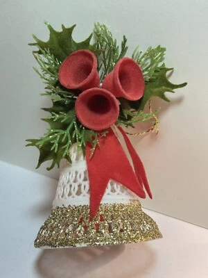 Vintage Mid Century MCM 50s Red Flocked Bells Christmas Ornament Gold Glitter - Image 1 of 4