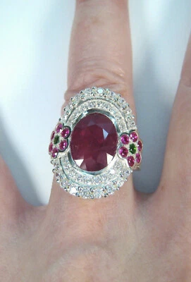 Deep Red Oval Ruby, Pink Sapphire, Green Emerald & White CZ Double Flower Ring - Image 1 of 4