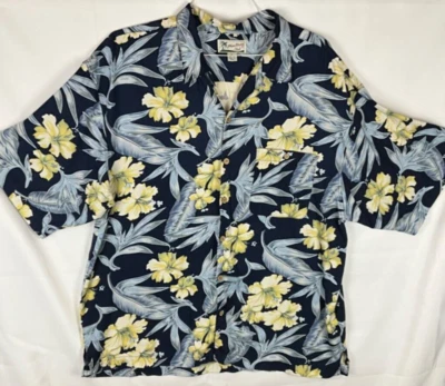 Camisa Monterey Club 100% Seda Azul Floral Hawaiana Manga Corta Abotonada XL Foto 1 de 4