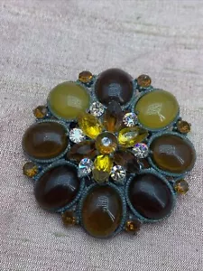 Vintage Jelly belly Lucite Amber Rhinestone Cabochon Statement Brooch Pendant - Picture 1 of 8
