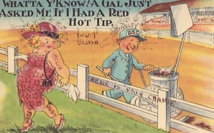 Linen Comic Postcard - Man and Woman, Race Track - Picture 1 of 2