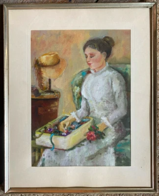 ::ÖLGEMÄLDE DAME AM TISCH IMPRESSIONIST ANFANG 20 JHR. BLUMEN GEBINDE FLORISTIN - Bild 1 von 4