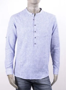 CAMICIA CASACCA MANIFATTURA ITALIANA IN LINO FINTA A 6 BOTT. MICRO RIGA CELESTE - Foto 1 di 4