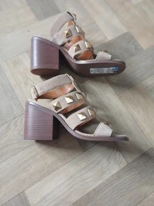 M&S Real SUEDE High Block Heel GLADIATOR SANDALS ~ Size 5 ~ SAND (rrp £69) - Picture 1 of 4