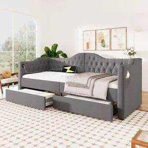 Daybett Tagesbett Polsterbett 90 x 200 cm Ladefunktion 2 Schubladen Grau Leinen - Bild 1 von 12