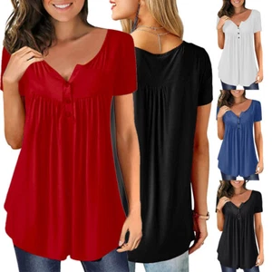 Summer Women Short Sleeve T-shirt Tunic Swing V-Neck Tops Ladies Plus Size 16-22 - Picture 1 of 19