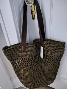 BANANA REPUBLIC Straw Market Tote Dk Olive Brown Handles Spring/Summer NWT $110 - Picture 1 of 6
