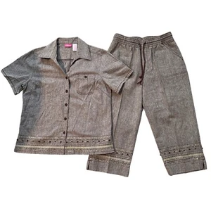 Appagallo Linen Blend Set Embellished Details Brown Crop Pants Blouse Medium - Picture 1 of 19