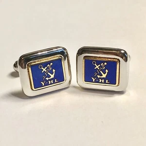 Vintage Nautical Anchor Y-HL Mens Cufflinks Silver Gold Tone Blue Enamel - Picture 1 of 9