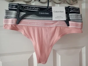 Calvin Klein Womens Thongs 3 pack Size Medium ~ Pink, Gray & Black with Logo NWT - Picture 1 of 7