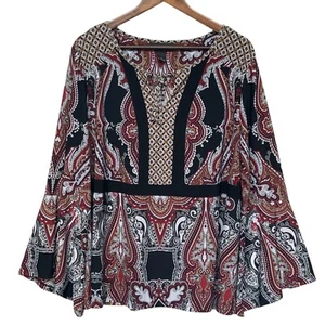 INC Blouse Top Women Plus Size 2X Red Black Paisley Bell Sleeve Lace Up Tunic - Picture 1 of 11