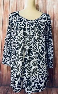 Women's XL Blouse Worthington Black White Sheer 3/4 Sleeves Back Zipper Silky - Picture 1 of 10