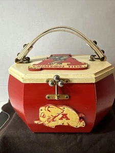 Vintage Alabama Crimson Tide Wooden Purse Leather Handle By Al Thornton 1950’s - Picture 1 of 19