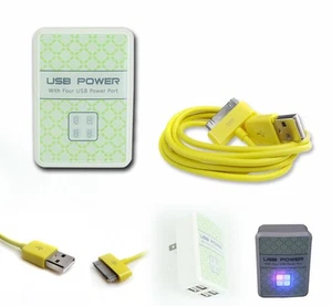 4 USB PORT POWER ADAPTER+10FT CABLE CHARGER DATA YELLOW IPHONE IPOD TOUCH IPAD - Photo 1/1