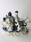 Vtg Horse Carriage Victorian Colonial Porcelain Figurine Cobalt Blue White Nice